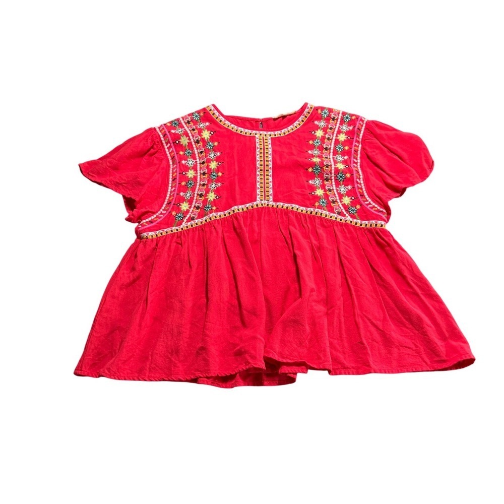 Entro Red Embroidered Floral Babydoll Peplum Top Short Sleeve Size M